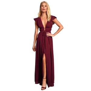 LULUS I'm All Yours Burgundy Ruffled Maxi Dress XS